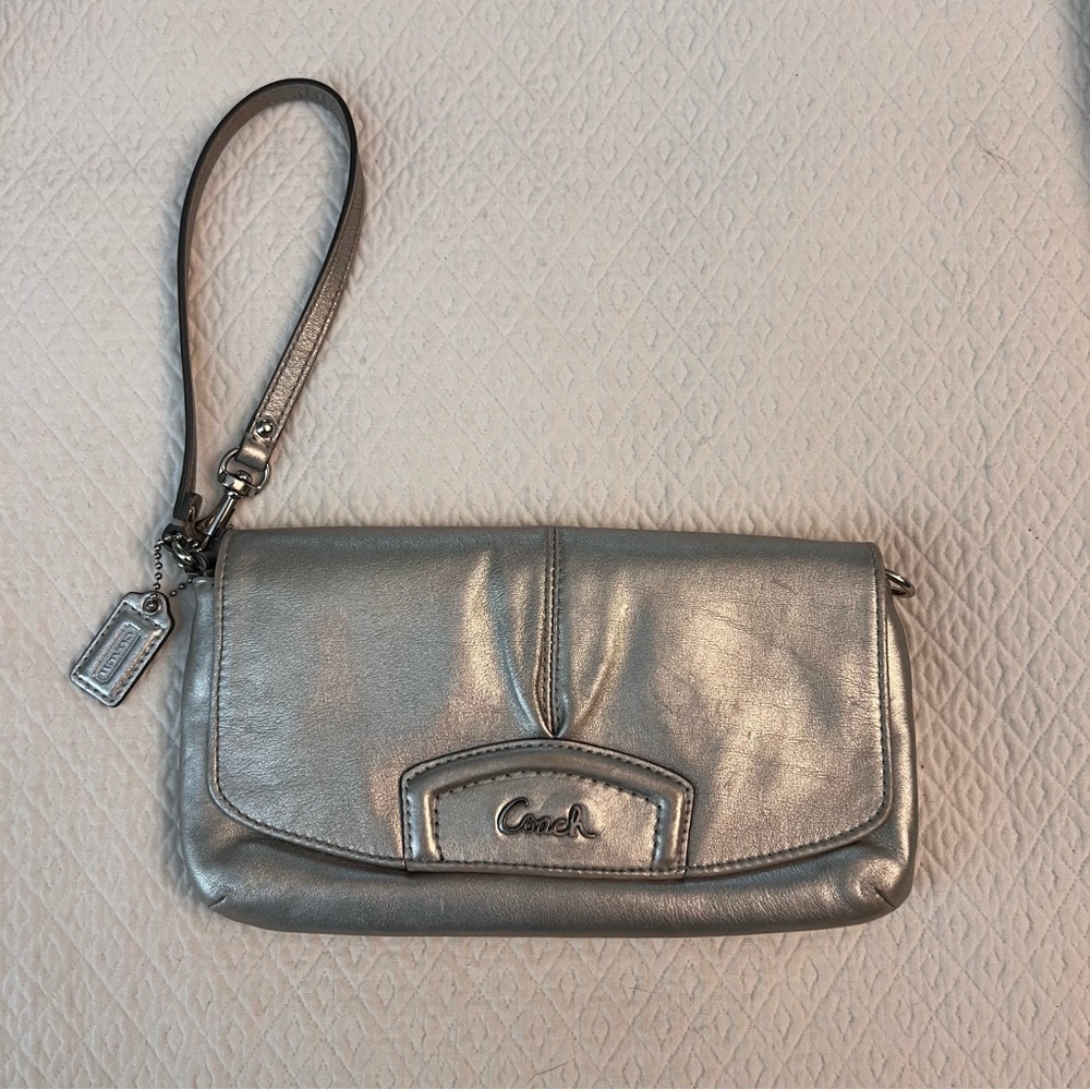 COACH Ashley Leather Wristlet Metallic Silver